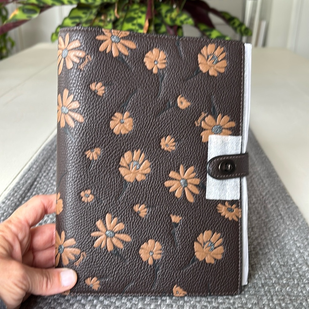 Coach Flower with gray metallic Pebbled Leather Notebook